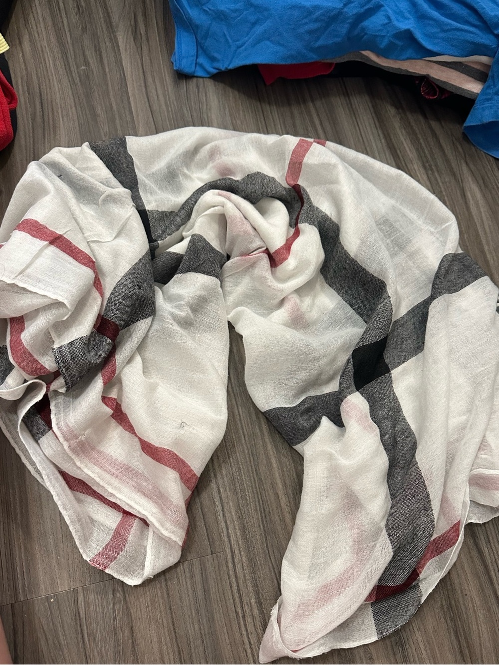 Lightweight White Scarf with Black and Red Stripe Accents
